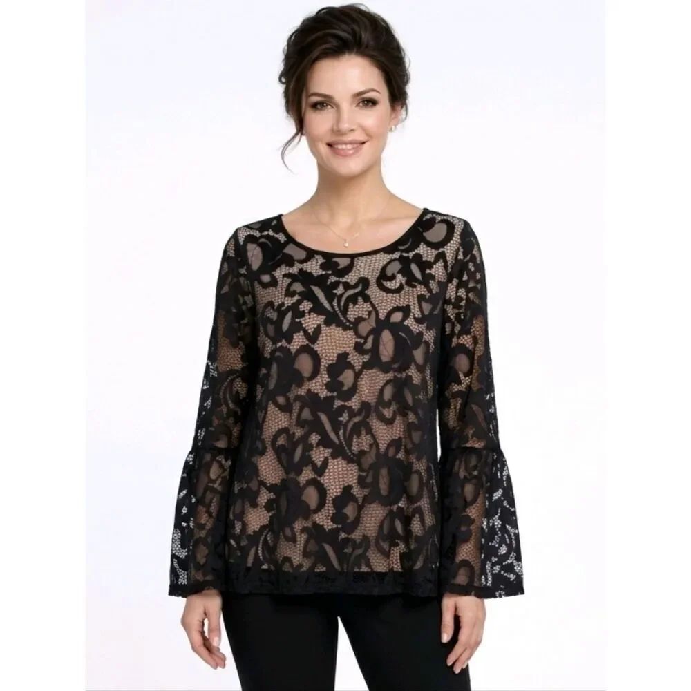 I.N.C. Woman Black Lace Tan Lining Flounce Sleeve Blouse Pullover Size 1X